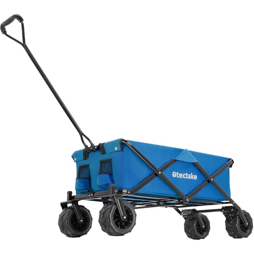 tectake® Faltbarer Bollerwagen, klappbarer Bollerwagen, extra breite Gummireifen, als Einkaufstrolley, Transportwagen, Strandwagen, faltbar und klappbar mit einem Griff, Klappbollerwagen - blau – Bild 5