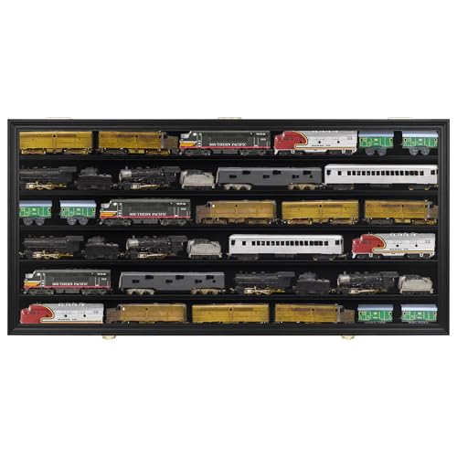 HO Scale Model Train Display Case Rack Wall Cabinet Wall Shelves Compatible with Hot Small Car Wheels 1:64 ad 1:43 Scale Toy Cars w/98% UV Protection- Lockable (Black Finish)
