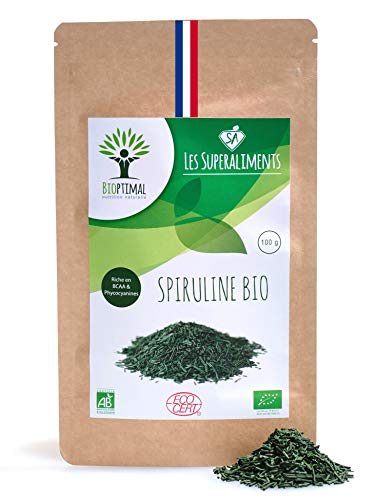 Spiruline bio | 100g en paillette | Complément alimentaire | Superaliments | Energie - Sport BCAA | Bioptimal - nutrition naturelle | Conditionnée, Contrôlée et Analysée en France | Paillettes