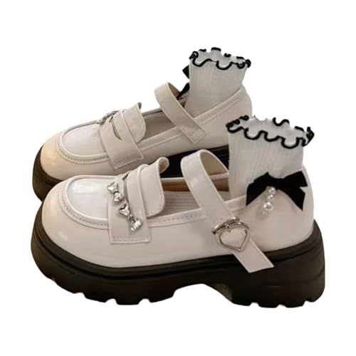 ZQW Chunky Platform Mary Jane Shoes Bow Patent Leather Flats Y2K Round Toe Mid Block Heel for Women Girls Casual Outfit