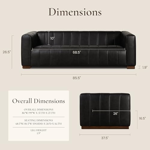 Image of Poly & Bark Canale 86 inch Sofa - Onyx Black Italian Leather, Channel-Tufted, Semi-Aniline Upholstery, Solid Wood Frame & Legs
