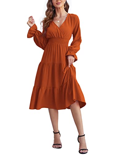 KOJOOIN Vestido Elegante para Mujer con Cuello en V de Manga Larga Casual Vestido de A-Line con Cintura Alta Maxi Boho Vestidos de Otoño Color Caramelo S