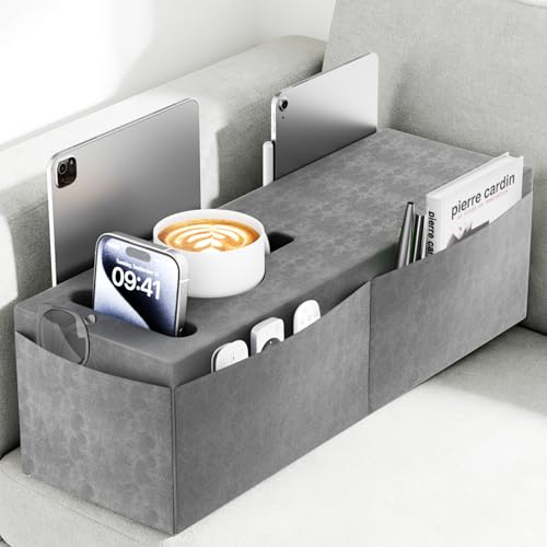 Couch Armrest Caddy with Cup Holder Portable Sofa Armrest Pillow Drink Holder Table Tray with 5 Large Side Storage Pockets Portable Sofa Rrmrest for Reading & Bed Rest Pillows Armrest- 1 Pack