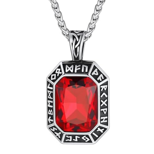ChainsHouse Viking Rune Pendant Necklace for Men Women, Punk Biker Black Metal/316L Stainless Steel Onyx Norse Vintage Amulet Necklaces with Black/Red/Green/Blue Gemstone, Send Gift Box C: S