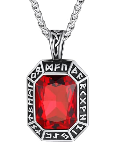 Image of ChainsHouse Viking Rune Pendant Necklace for Men Women, Punk Biker Black Metal /316L Stainless Steel Onyx Norse Vintage Amulet Necklaces with Black /Red /Green /Blue Gemstone, Send Gift Box