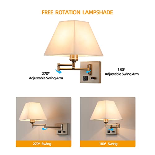 Plug in Wall Light,Swing Arm Wall Sconces with USB Port and Outlet,Wall Lamp with White Fabric Shade Dimmable Switch for Bedroom, Living Room , Office Nickel - Image 5