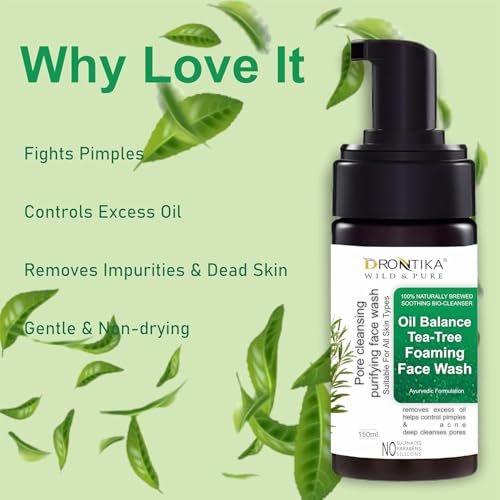 Image of Drontika Wild & Pure Tea Tree Foaming Face Wash with Tea Tree and Ayurvedic Ingredinets for Acne and Pimples - 150ml Gently Cleanses |Removes Excess Oil |Antibacterial(Tea Tree (Oil Balance))