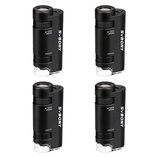 Svbony SV603 Zakmicroscoop Met Licht, 4 Stuks Handgreepmicroscoop, 60X-120X Draagbare Verlichte Zakmicroscoop Voor Wetenschappelijke Buitenmicroscoop (Black)