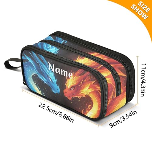 Image of Custom Dragons Red Blue Fire Eyes Pencil Case Box Boys Girls Personalized Name Large Pencil Pouch Stationery Pen Bag Organizer for Kids Adults School Office