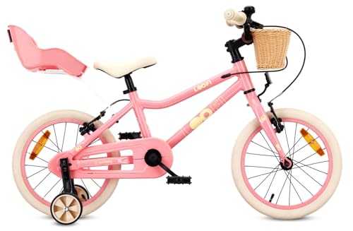sun baby Bicicleta Infantil 16 Pulgadas LOOFI, Niña 4-6 Años, Máx 50 kg - Bicicleta para niños Ligera, 6,9 kg, Cuadro de Aluminio, con Asiento para muñecas, ruedines, Cesta, Timbre y Pegatinas - Rosa