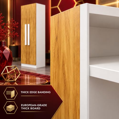 Image of Bniture Wooden Almirah for Clothes, Door for Bedroom, 2 Door Wardrobe with 4 Shelves Huge Storage Space (46D x 60W x 182H CM) | 3 Year Warranty (Frosty White & Giant Wood)