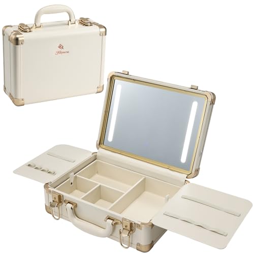 Faquenc Lighted Makeup Case with Detachable Tray Beige Vegan Leather Makeup Box Rechargable 3-Color LED Mirror Travel Train Case Makeup Bag Organizer with Champagne Alloy