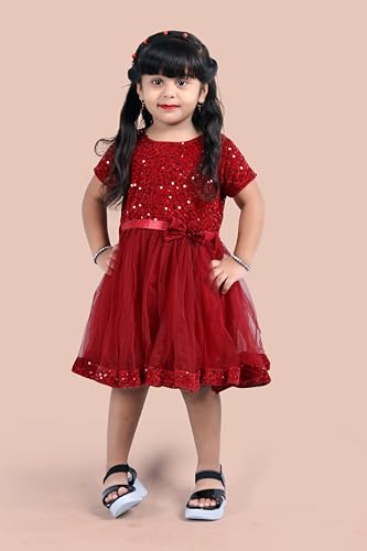 Image of Charming Girls' Kids Velvet & Net Frock with Knee-Length Short Sleeve A-line Round Neck Fit and Flare and Back Zipper Closure|Kids Dress for Baby Girls Birthday Outfit