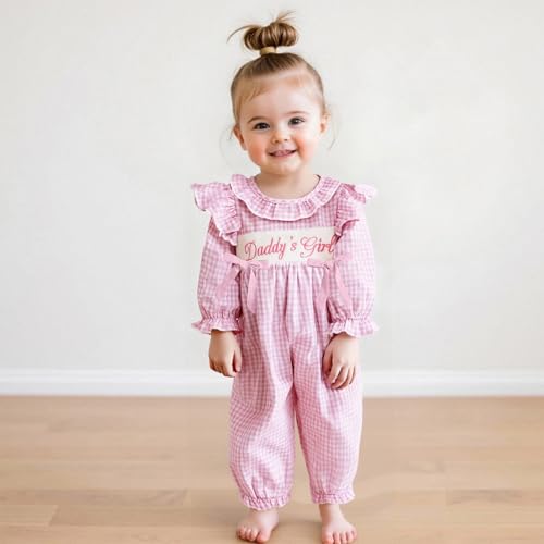 GOOCHEER Newborn Baby Girl Fall Outfit Little Sis I M New Here Smocked Romper Plaid Bow Ruffle Long Sleeve Jumpsuit Clothes2