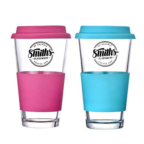 Smith's Mason - Juego de 2 tazas de café de cristal con mango de silicona para bebidas frías o calientes