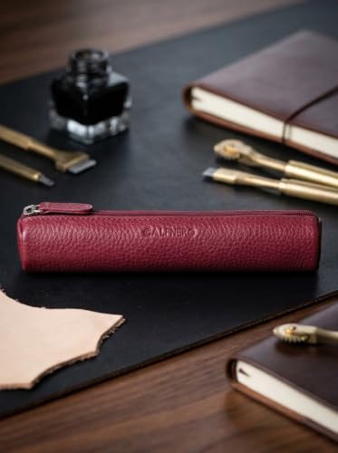 Image of Calfnero Genuine Leather Pen-Case for Men & Women | Premium Brodo Leather Pencil-Pouch with Zipper | Cylindrical Pen-Holder Organizer for Pen, Pencils & Stationery | Unisex Pen-Sleeve