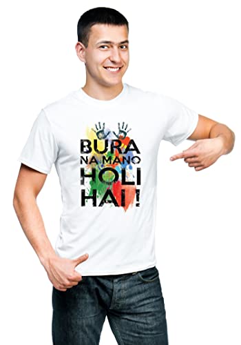 Image of Knitted Polycotton Fabric Regular Fit Men Boys Half Sleeve T-Shirt for Festival of Holi Style 1 White Size : Free