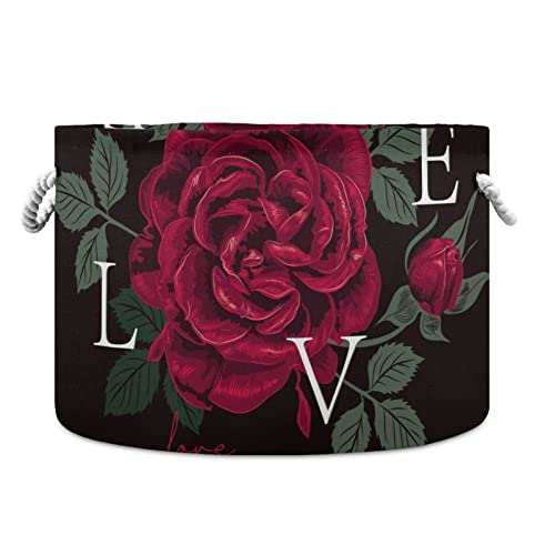 ALAZA Large Storage Basket for Toys Rose Red Love Round Blanket Basket Laundry Hamper Canvas Organizer Bin Box Cotton Rope Collapsible Bucket Pillow Home Decor