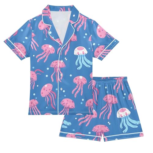 ALAZA Cartoon Jellyfish Bubble Satin Pajamas Set Short Sleeve Button Down Sleepwear Summer Pjs 2 Piece