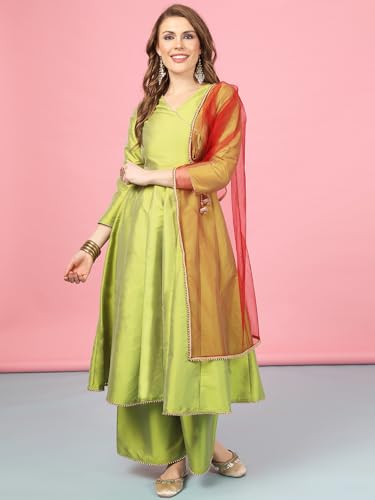 Image of A.T.U.N. (ALL THINGS UBER NICE) Cotton Women Anarkali Paneled Kurta With Palazzos & Dupatta