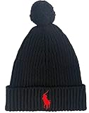 Ralph Lauren Polo Big Pony Herren-Beanie, gerippt, Bommel, Schwarz/Rot, Einheitsgröße