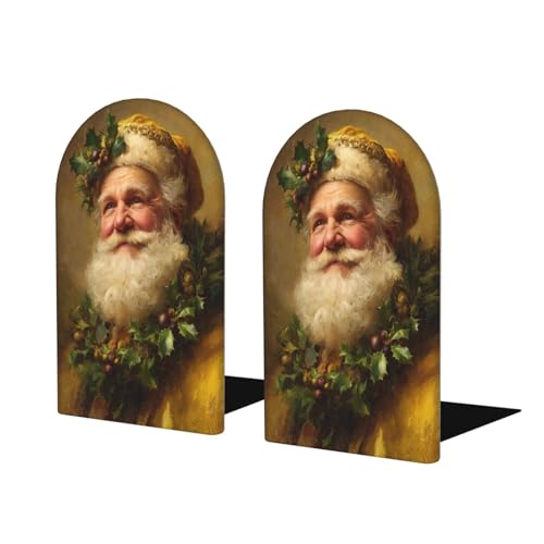 Fermalibri vintage con Babbo Natale in giallo con ghirlanda di agrifoglio, per mensole, 2 pezzi, in legno, fermalibri per casa, ufficio, biblioteche