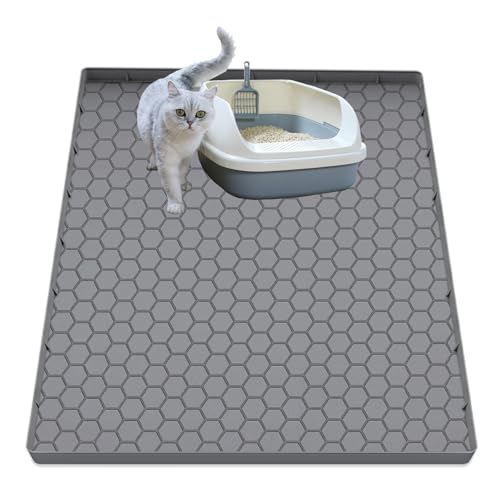 JSXZWOO Cat Litter Mat, Silicone Large Cat Mat for Litter Box - 34x22 in, Waterproof & Non-Slip, Durable & Easy Clean, Grey