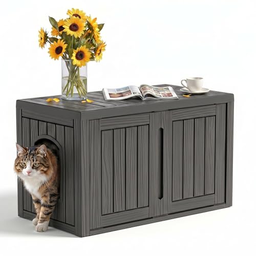 Image of Cat Litter Box Enclosure,Multi-Functional Hidden Litter Box Furniture Cabinet with Adjustable Partition & Side End Table, Indoor Outdoor Cat House with Double Doors,Easy to Clean & Assemble, Black
