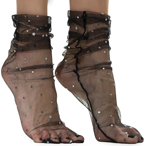 AVIAN LEGS Black Noir Elegance: Women Sheer Slouch Tulle Socks | Shiny Glitter Novelty Decorated Loose Socks with Stars & Moon - Ankle High 1 Pair (US sizes 5-8)