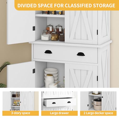 DWVO 72'' Farmhouse Kitchen Pantry, Rustic Wood Kitchen Storage Cabinets with Adjustable Shelves & Drawer, Tall Freestanding Cupboard for Dining Room, Living Room, White