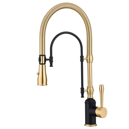 Image of Classical Commercial Copper Kitchen Faucet, Single Handle Spring High Arc with 360 Swivel Pull Down Spray, Finish & Deck Plate for Farmhouse Sink,Black+Brushed Gold