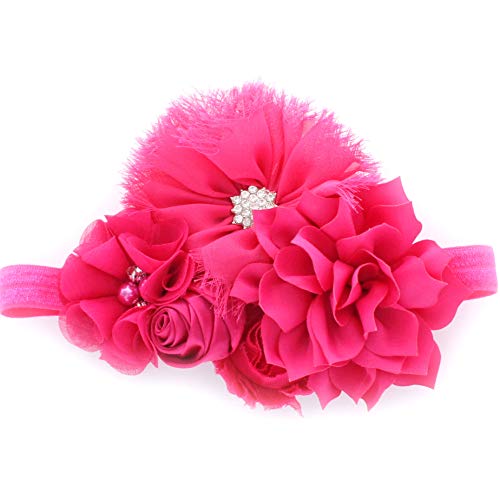 My Lello Headband Shabby Fabric Flower Cluster Baby - Infant - Toddler - Girl Stretchy Elastic Hot Pink