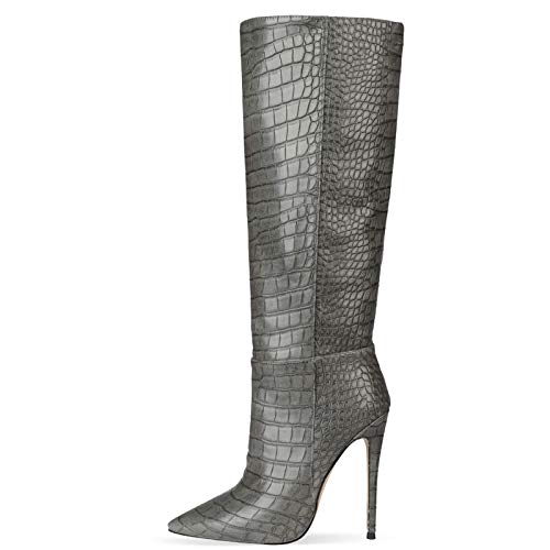 YIYA Knee High Boots for Women Sexy Wide Calf Fashion Pointed Toe High Heel Snakeskin Womens Pull-on Boots