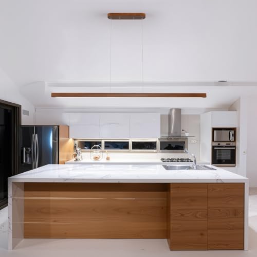Image of 71 inch Walnut Wood Linear Pendant Light Dimmable LED Chandelier 40w Remote Adjustable Hanging Height Modern Farmhouse Minimalist Fixture for Kitchen Island Dining Room & Bar