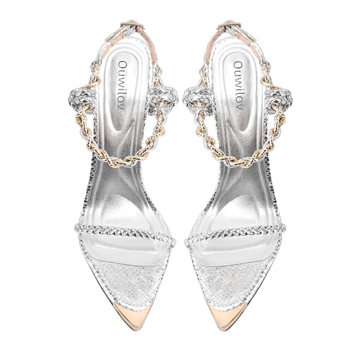 Women’s Black Stiletto Sandals with Gold Chain Ankle Strap — Open Toe Pointed Toe Heels for Wedding Party Evening Wear2