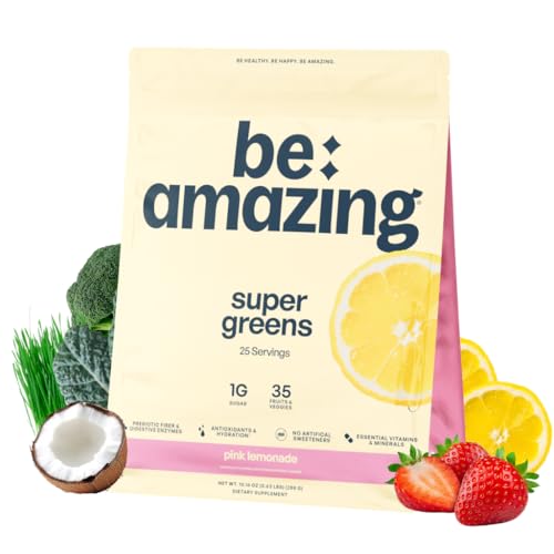 Image of BE AMAZING Super Greens Powder with Prebiotics, Digestive Enzymes & Antioxidants, 35 Fruits & Veggies, Electrolytes & Fiber, Vegan, Gluten Free Juice & Smoothie Mix, Pink Lemonade, 25 Servings