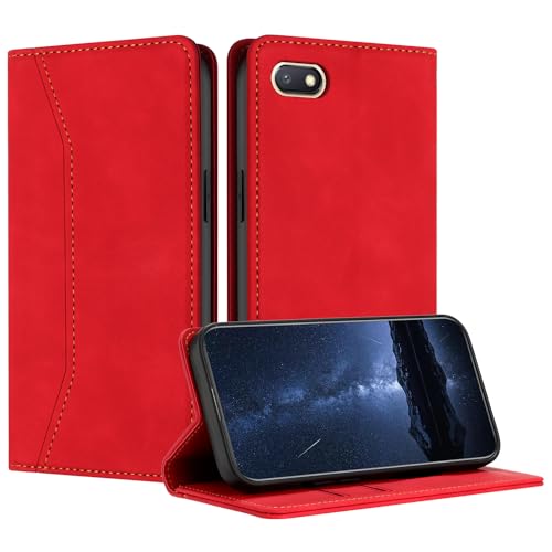 Mo-Beauty Funda para Xiaomi Redmi 6A, Funda Xiaomi Redmi 6A con Tapa, Redmi 6A Funda Libro de Cuero con Cáscara de TPU, Soporte Plegable, Tipo Libro Flip Wallet Caso, Funda Piel para Redmi 6A(Rojo)