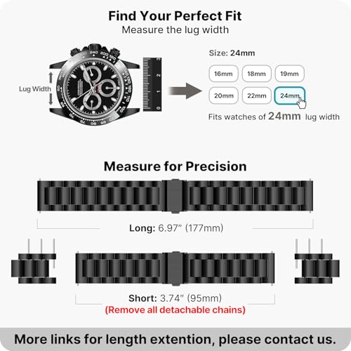Image of Fullmosa 24mm Stainless Steel Watch Band, Quick Release Metal Replacement Strap with Removable Links, Includes Spring Bars & Link Removal Tool for Men Women (Black)