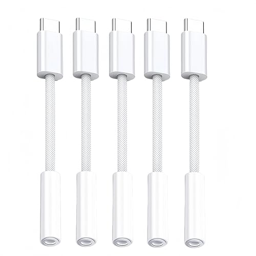 5 Pack USB C to Headphone Jack Adapter USB c to 1/8 inch Audio Adapter Compatible with iPhone 17 16 15 Samsung Galaxy S25 S24 S23 Ultra Note 20 iPad Pro MacBook Pixel XL and More