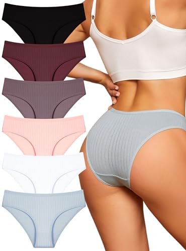 FINETOO Cotton Underwear for Women Sexy Low Rise Ribbed Hipster Breathable Soft Womens Bikini Girls...