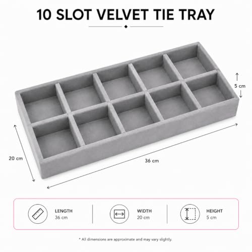 Image of 10 Slot Tie Organizer Tray for Ties and Accessories, Grey | Closet drawer storage tray with dividers for ties, socks, handkerchiefs, belts, watches and small accessories arranged neatly