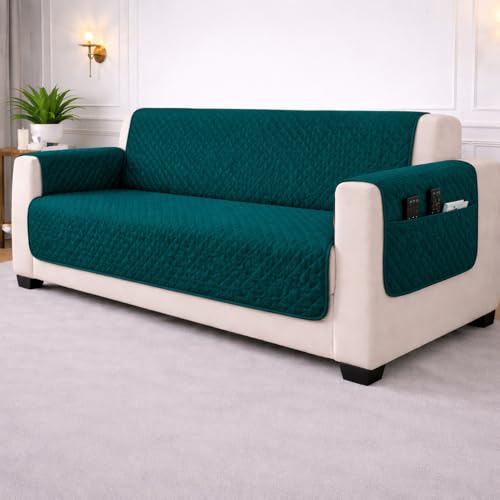 Image of STITCHNEST 'Airsoft Range Series' Solid Quilted Velvet Sofa Cover for 3 Seater | Premium Soft Velvet Sofa Protector | Castleton Green Diamond Quilted Design with Armrest Pockets | Furniture Cover