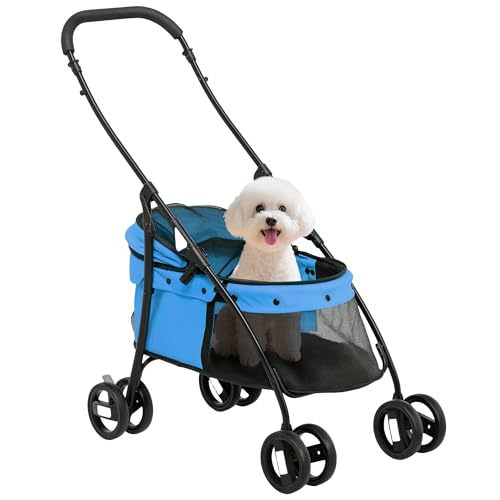 PawHut Carrito para Perros Plegable Cochecito para Mascotas Cochecito para Perros Pequeños con Ventanas de Malla Cojín Lavable Correas de Seguridad y Marco de Acero Carga 10 kg Azul