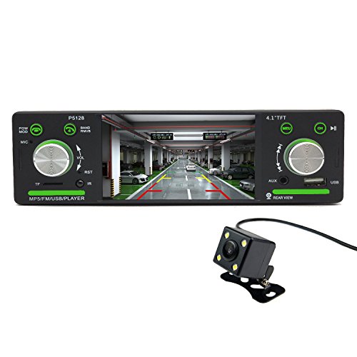 CACA Single Din Car Stereo Receiver with Bluetooth FM Radio in-Dash/4.1inch HD Digital Screen/MP3/MP4/MP5 Video Player with Rear View Camera and Wireless Remote Control