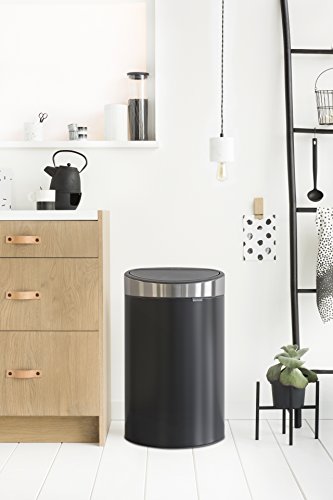 Image of Brabantia Press-Top Kitchen Trash Can with Flat Back | Steel /Black | 10.6 Gallon / 40L | Home Trash Can with Soft-Touch Stay-Open Lid & Removable Inner Bucket | Fits Flat Against Walls | + Trash Bags