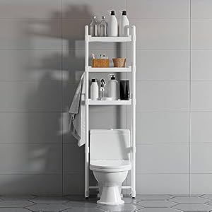 QHENS 3-laags badkamer opbergplank, wit over toilet organizer rek, boven toilet opbergunit met haken x 4, badkamer besparende organizer standaard met lijm, PP-materiaal, 172 x 49 x 25 cm
