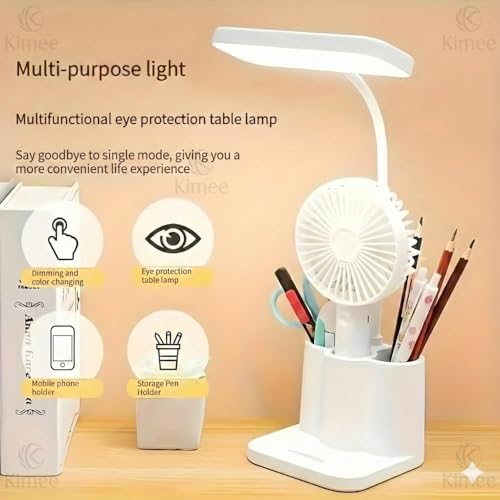 Image of Kimee Rechargeable LED Desk Lamp with Pen Holder & Phone Stand - Touch Control Study Lamp for Students, 3 Color Modes, Flexible Gooseneck, Eye-Care Table Lamp for Kids, Office & Home Work (White)
