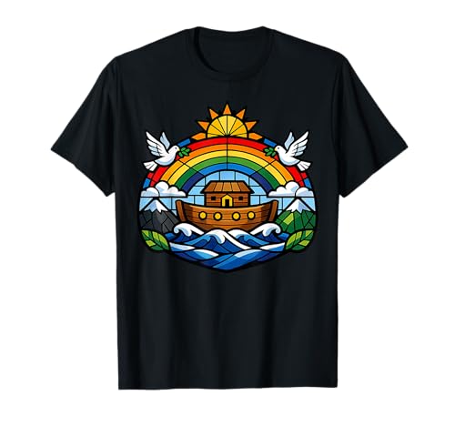 Noah's Ark Rainbow Stained Glass Promise Faith Art Design T-Shirt