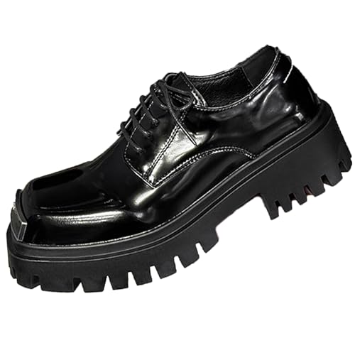 Men's Patent Leather Platform Oxfords Classic Square Toe Lace Up Chunky Heel Lug Sole Business Derby Shoes Comfort Causal Brogue Dress Shoes