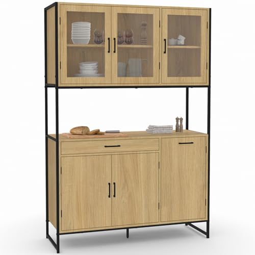 IDMarket - Buffet de Cuisine vitré 120 CM Detroit Meuble vaisselier 6 Portes Design Industriel + tiroir